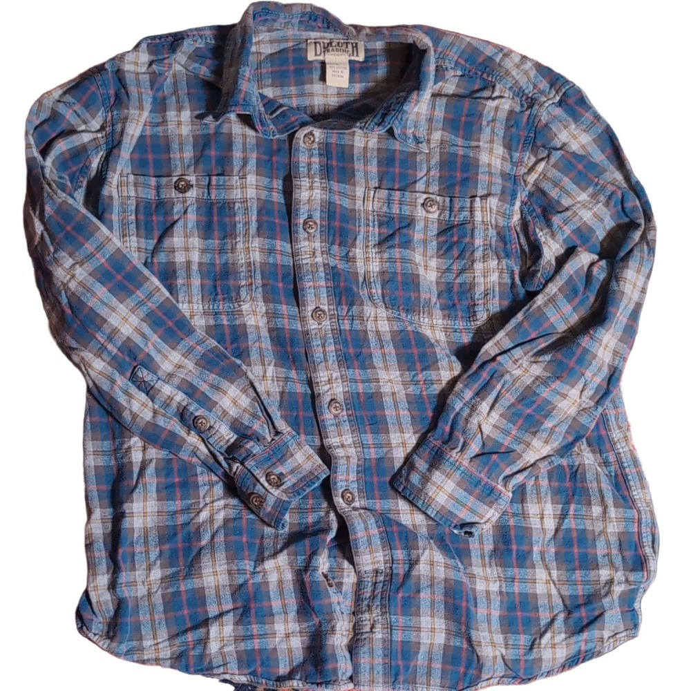 Duluth Trading Co. Plaid Flannel Shirt Men's L Blue Grey Red Yellow 100% Cotton